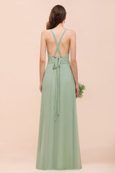 Glamorous Dusty Sage V-Neck Straps Affordable Bridesmaid Dresses
